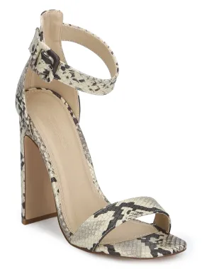 Beige Snake Ankle Strap Slim Block Heels