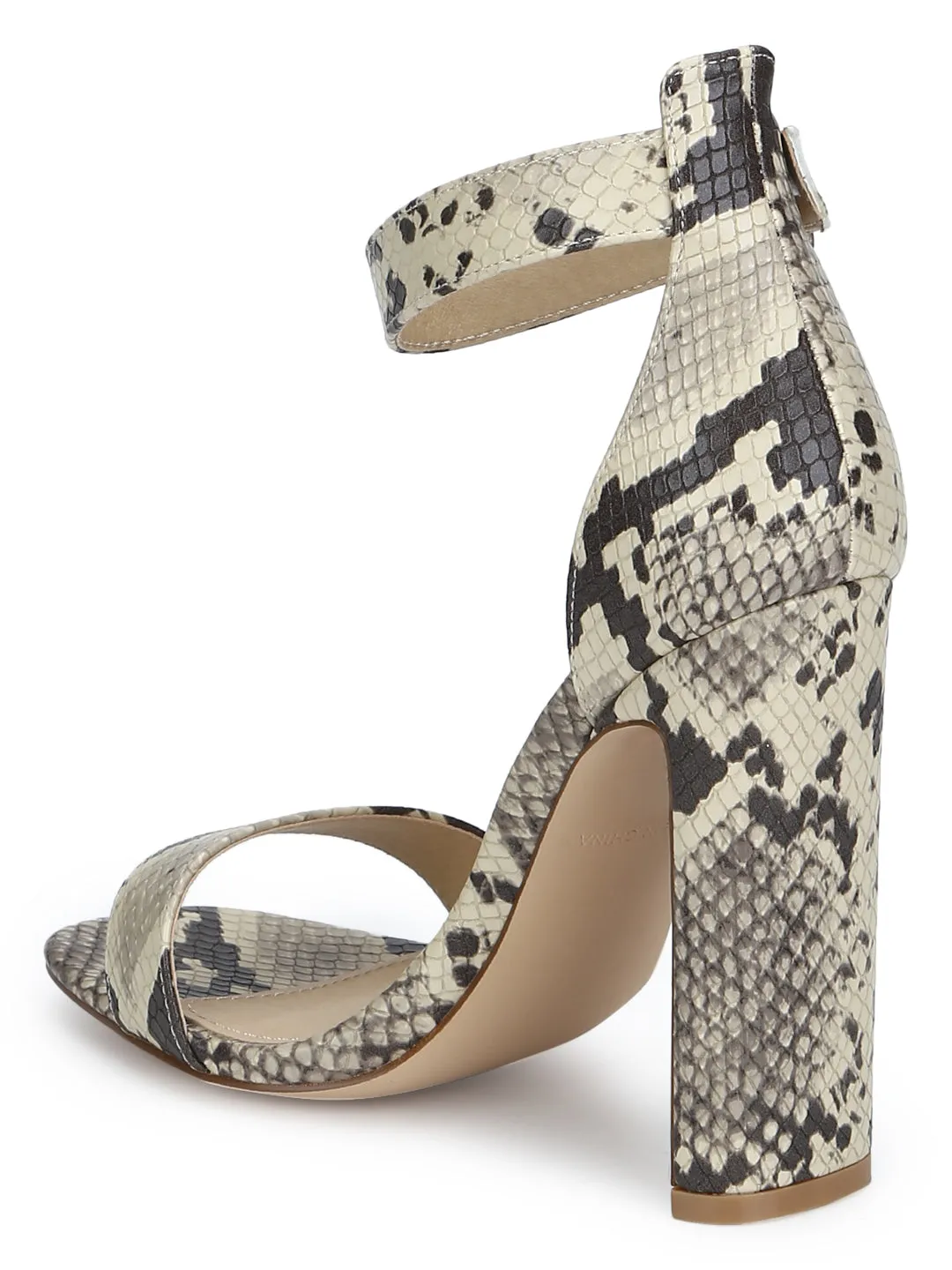 Beige Snake Ankle Strap Slim Block Heels