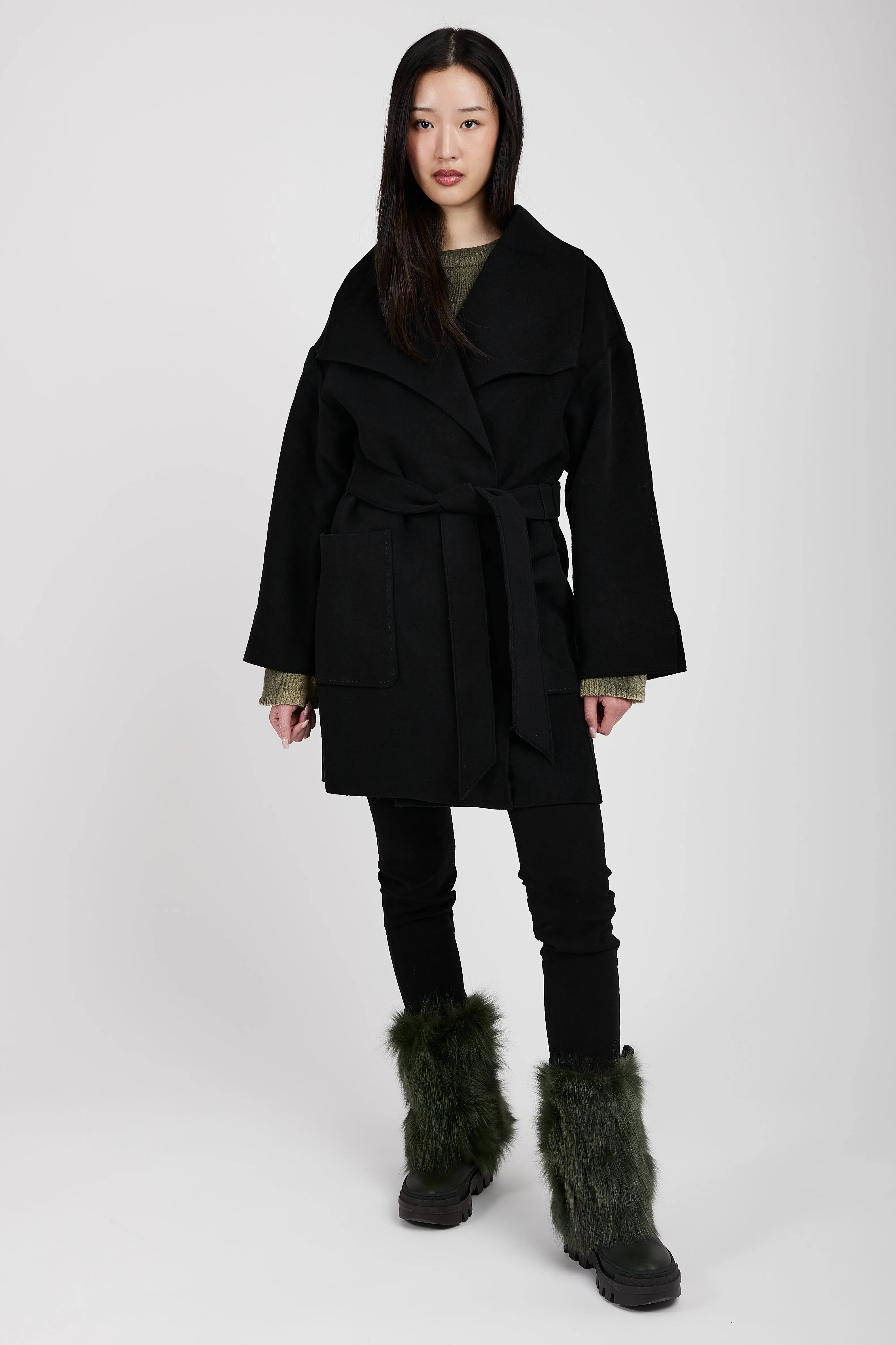 Belted Wrap Wool Coat in Black