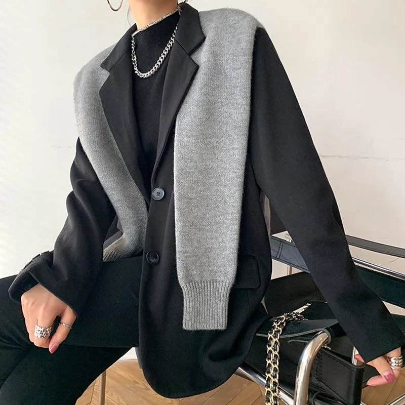 Black Blazer With Gray Knitted Shawls Coat