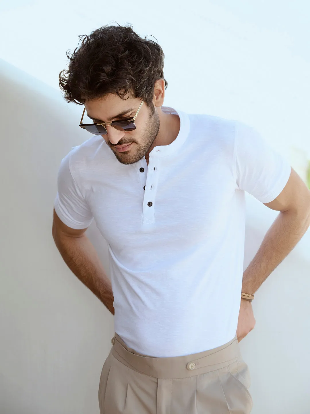 Black Buttons Pure Cotton White Henley T-shirt - Wisp