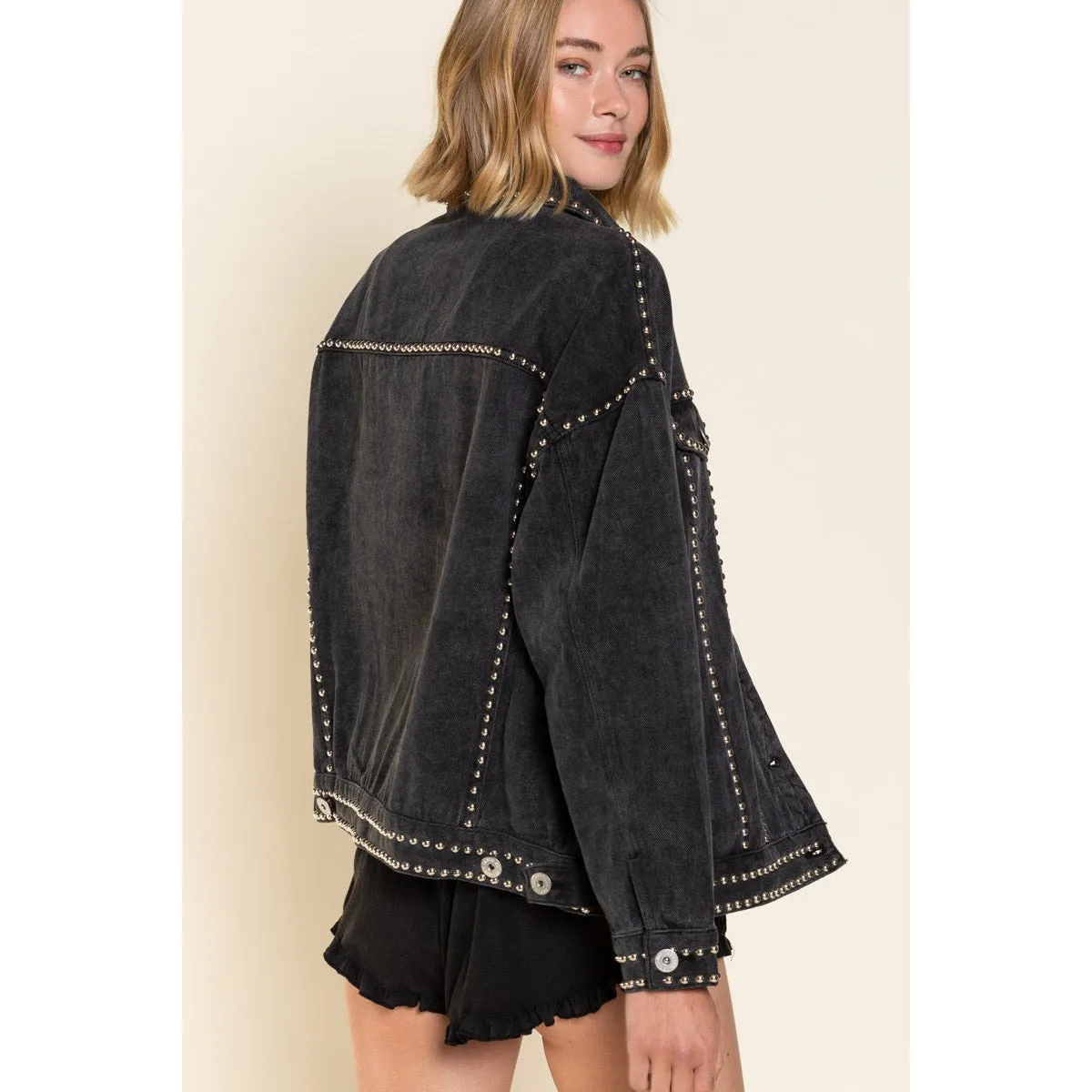 BLACK DENIM STUDDED BOYFRIEND JACKET