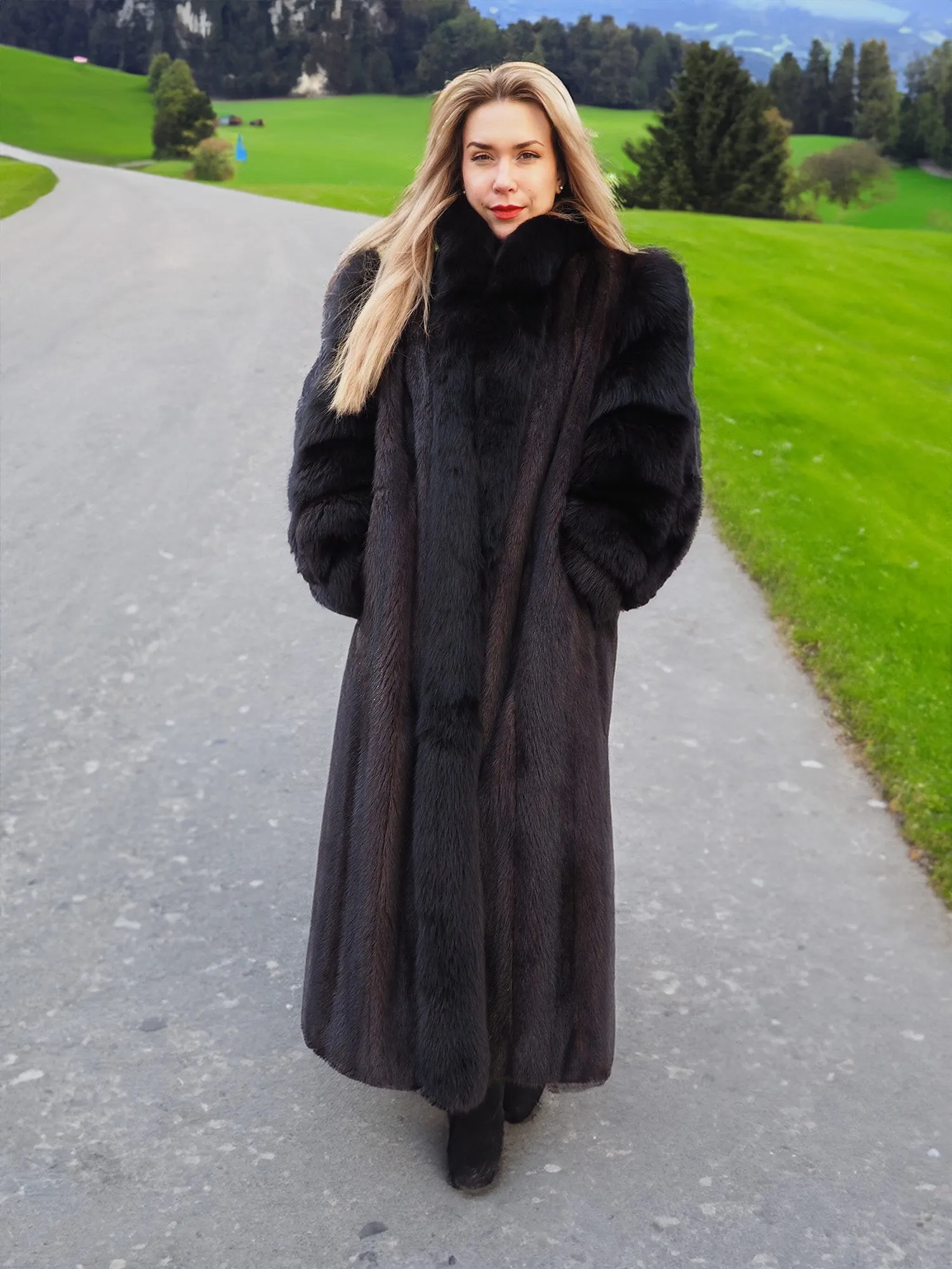 Black Mink Coat With Black fox Sleeves And Tuxedo Collar M/L