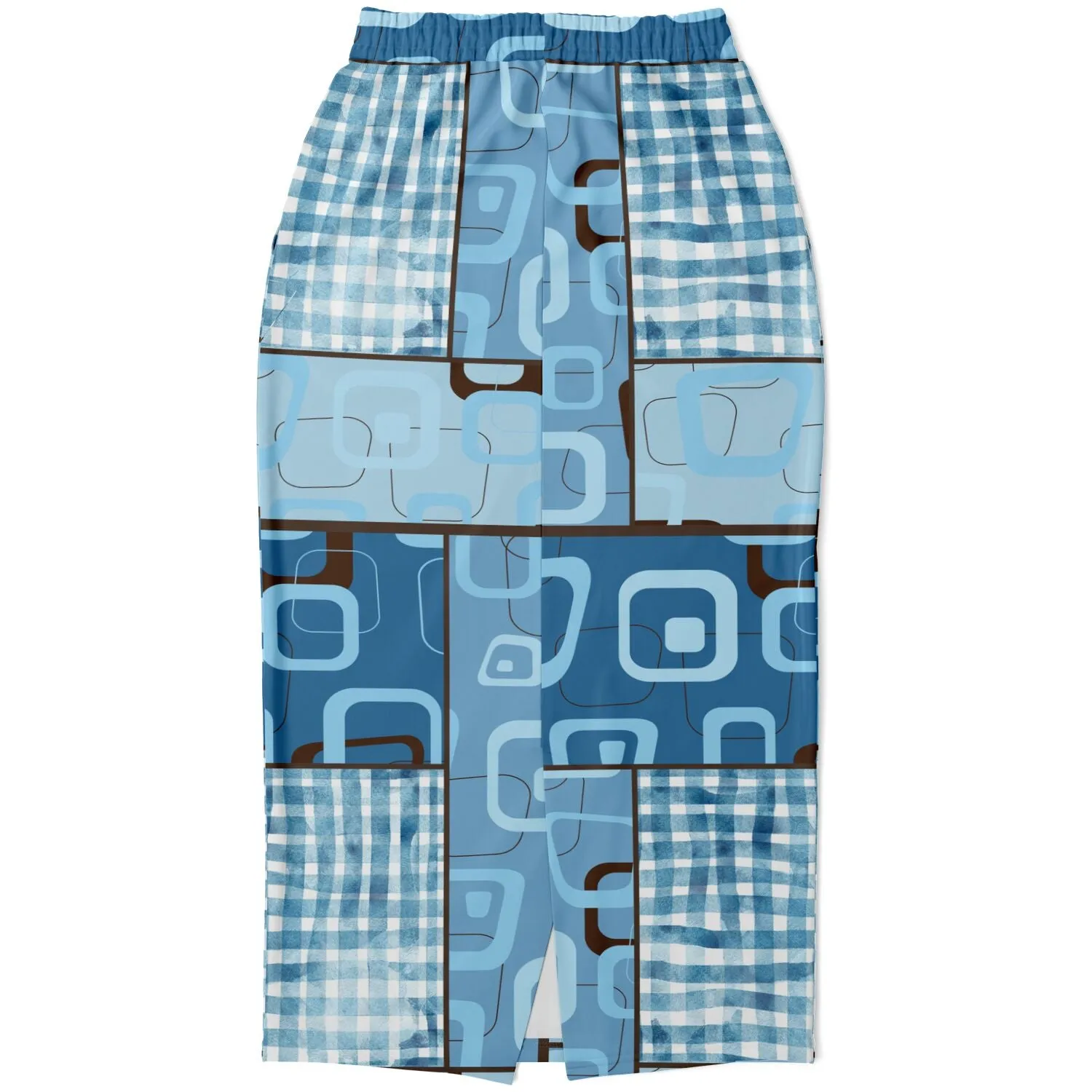 Blue Geo Patchwork Eco-Poly Long Pocket Skirt