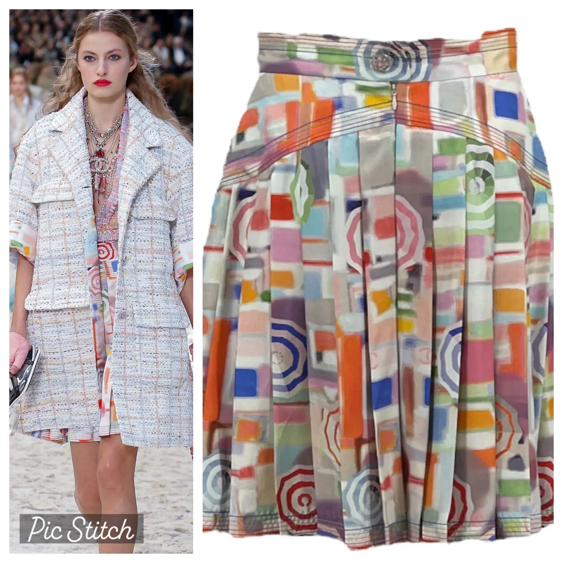 Chanel 19P 2019 Spring Runway Umbrella Motif Silk Multicolor Pleated Skirt FR 42 US 6