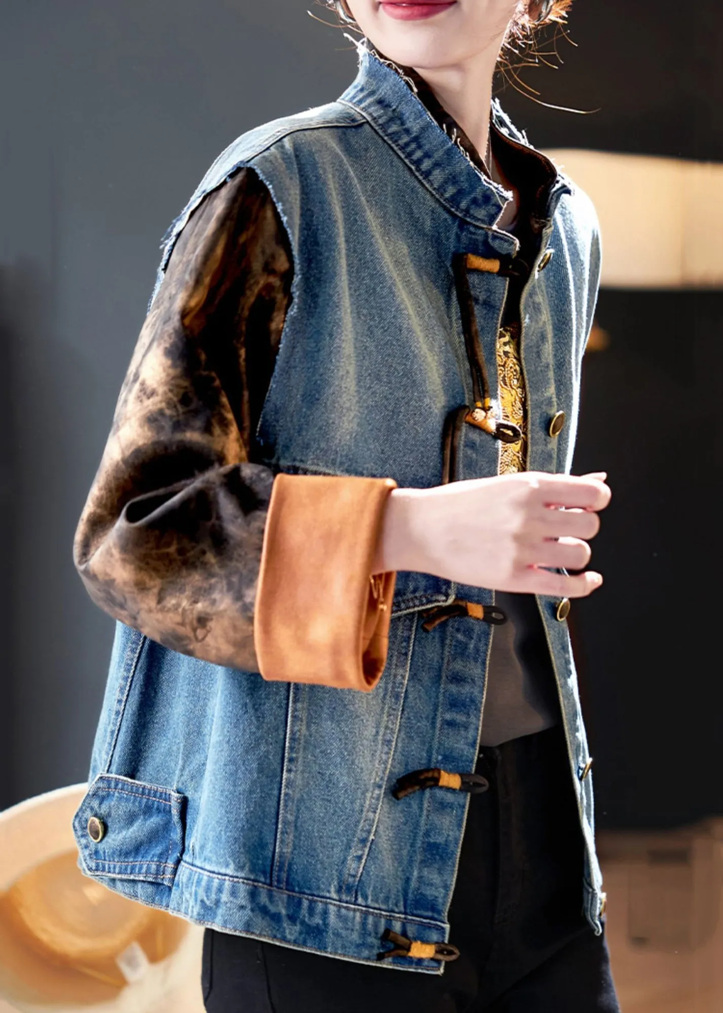 Chic Blue Button Print Patchwork Denim Coat Spring QA1008