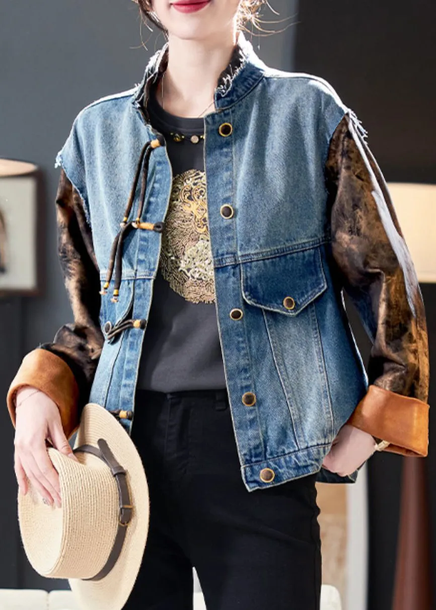 Chic Blue Button Print Patchwork Denim Coat Spring QA1008