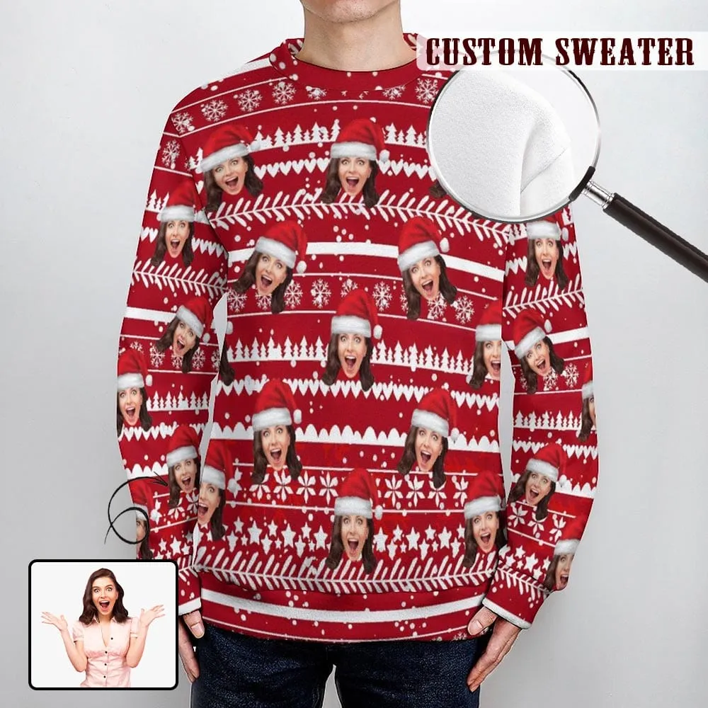 Custom Face Round Neck Sweater for Men Christmas Castle Doll Long Sleeve Lightweight Sweater Tops Personalized Ugly Sweater