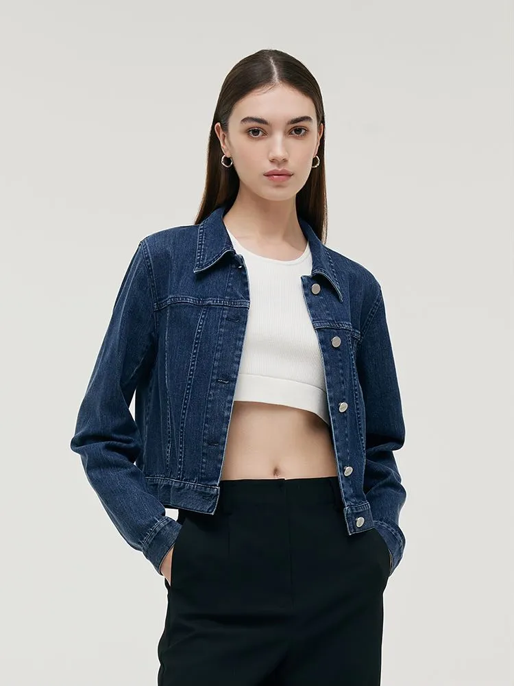 Denim Lapel Single-Breasted Women Crop Jacket