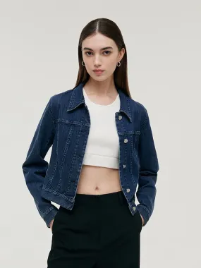 Denim Lapel Single-Breasted Women Crop Jacket