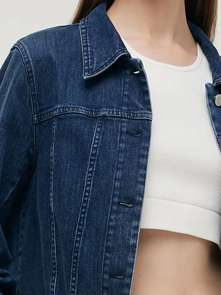 Denim Lapel Single-Breasted Women Crop Jacket