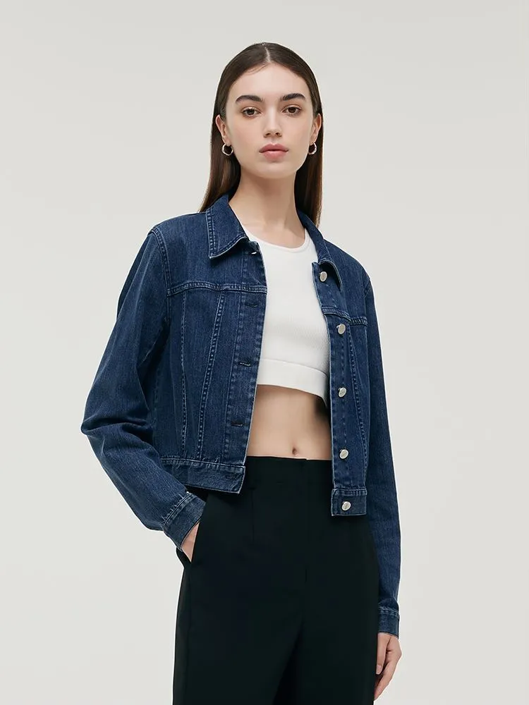 Denim Lapel Single-Breasted Women Crop Jacket