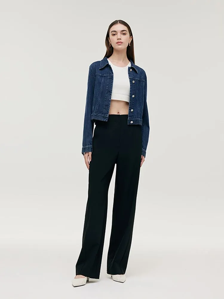 Denim Lapel Single-Breasted Women Crop Jacket