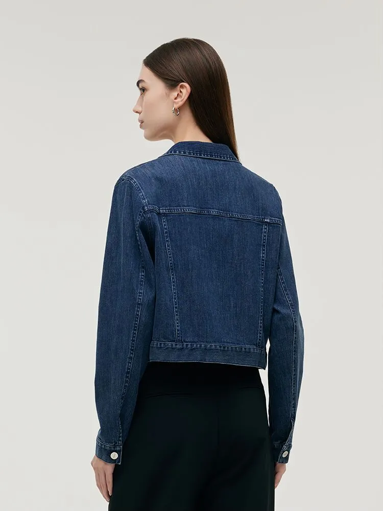 Denim Lapel Single-Breasted Women Crop Jacket