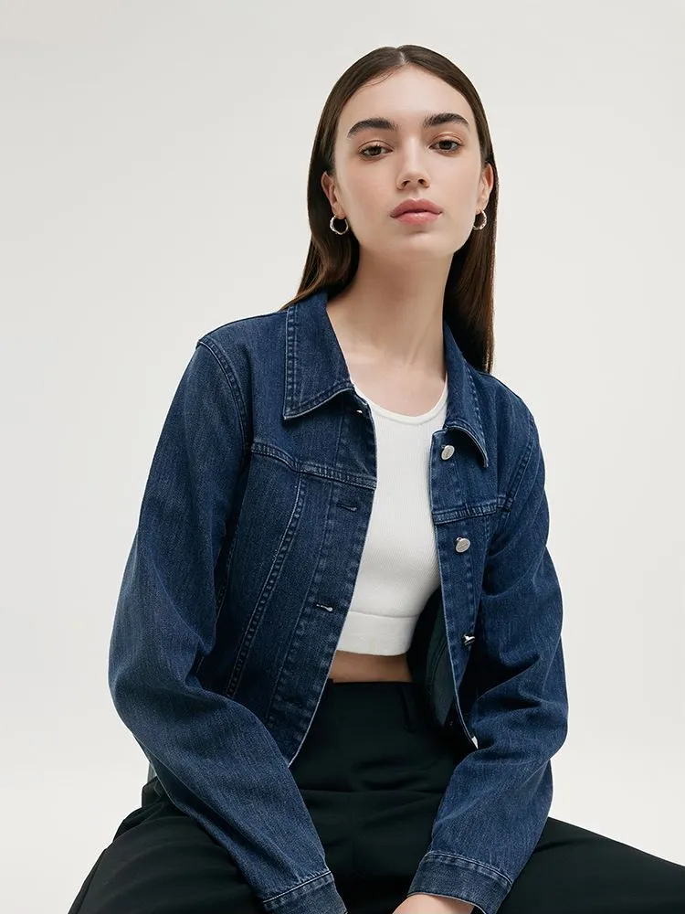 Denim Lapel Single-Breasted Women Crop Jacket