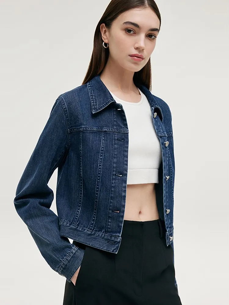 Denim Lapel Single-Breasted Women Crop Jacket