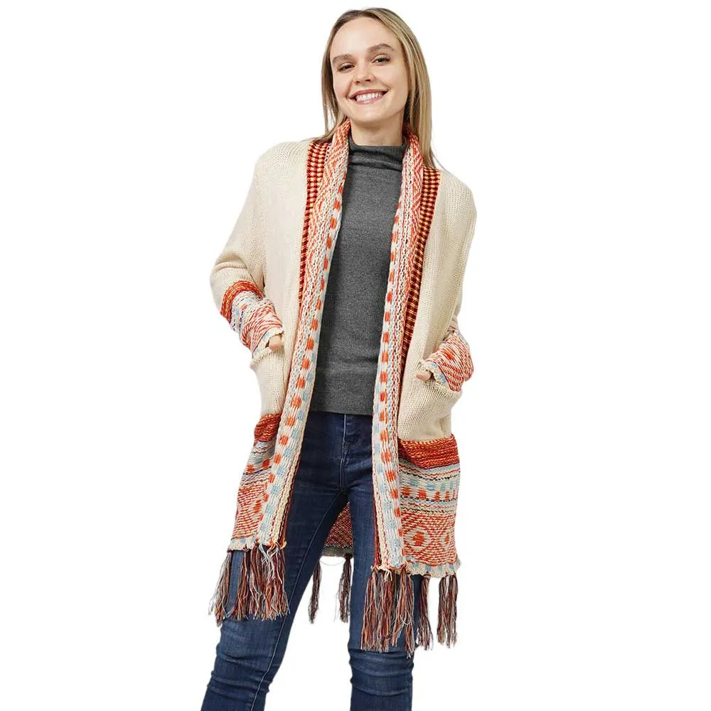 Ethnic Patterned Front Pocket Sweater Cardigan