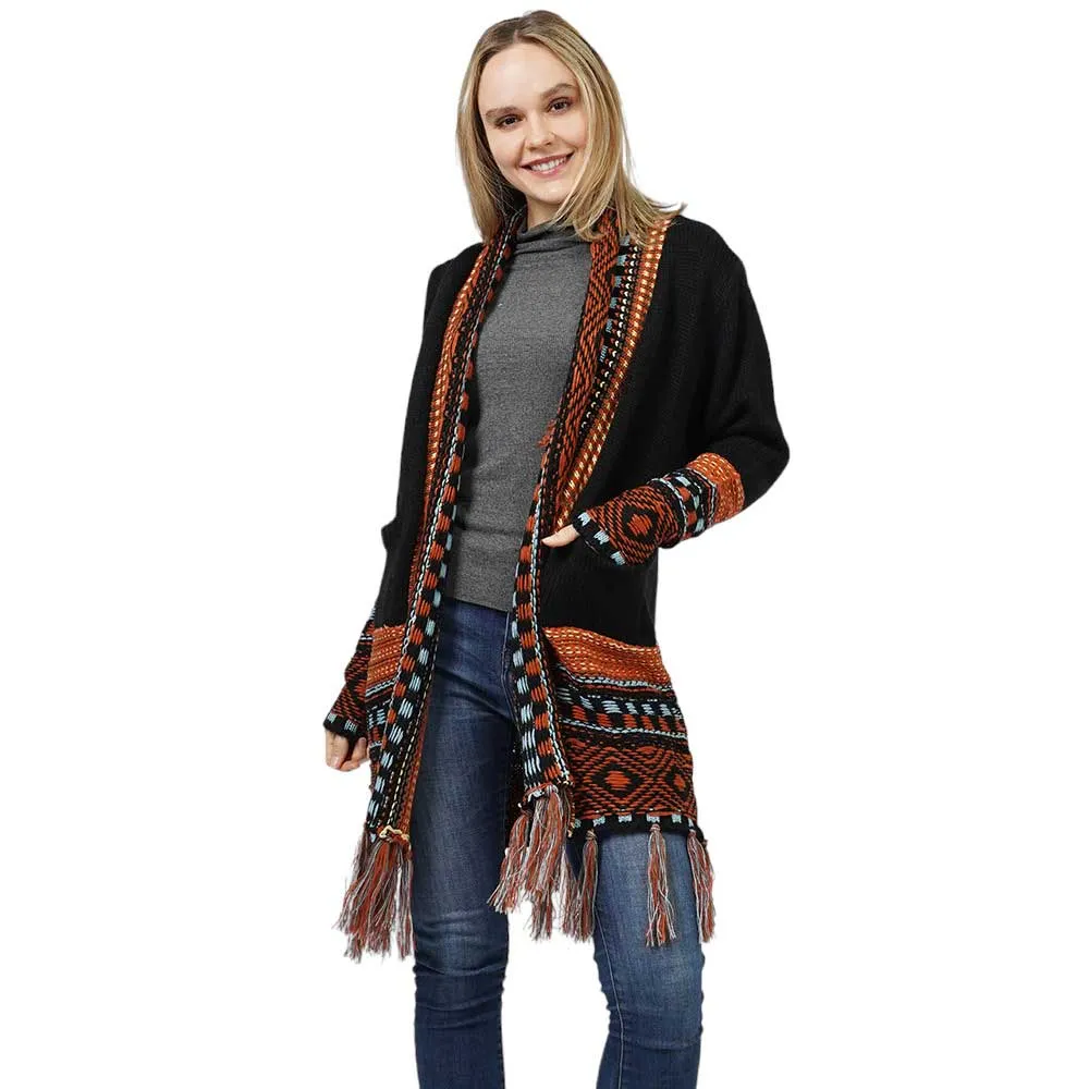 Ethnic Patterned Front Pocket Sweater Cardigan