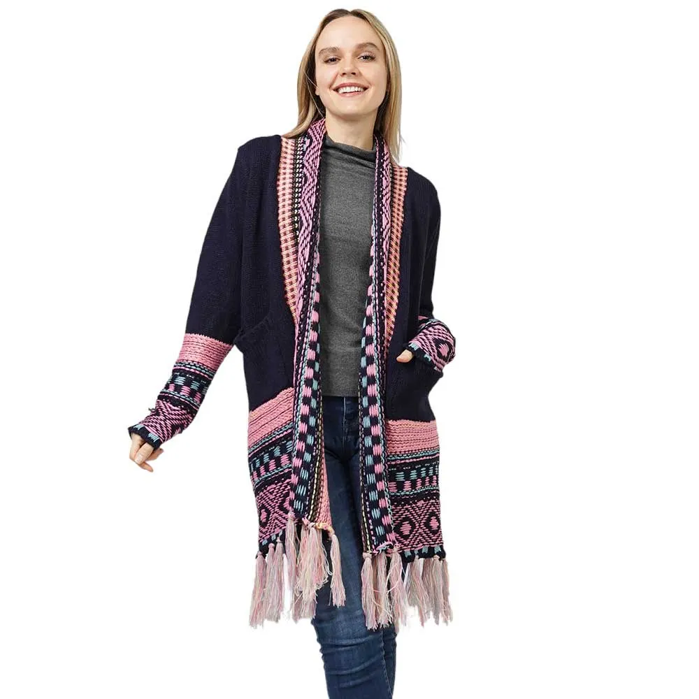 Ethnic Patterned Front Pocket Sweater Cardigan