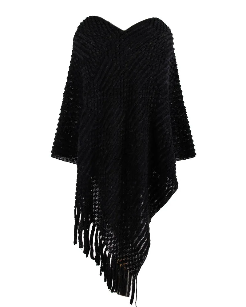 Haute Edition Women's Solid Fringed Sweater Poncho with Pom Poms. One size fits all (S-XL).