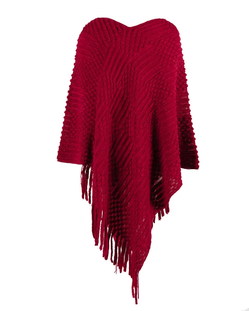 Haute Edition Women's Solid Fringed Sweater Poncho with Pom Poms. One size fits all (S-XL).