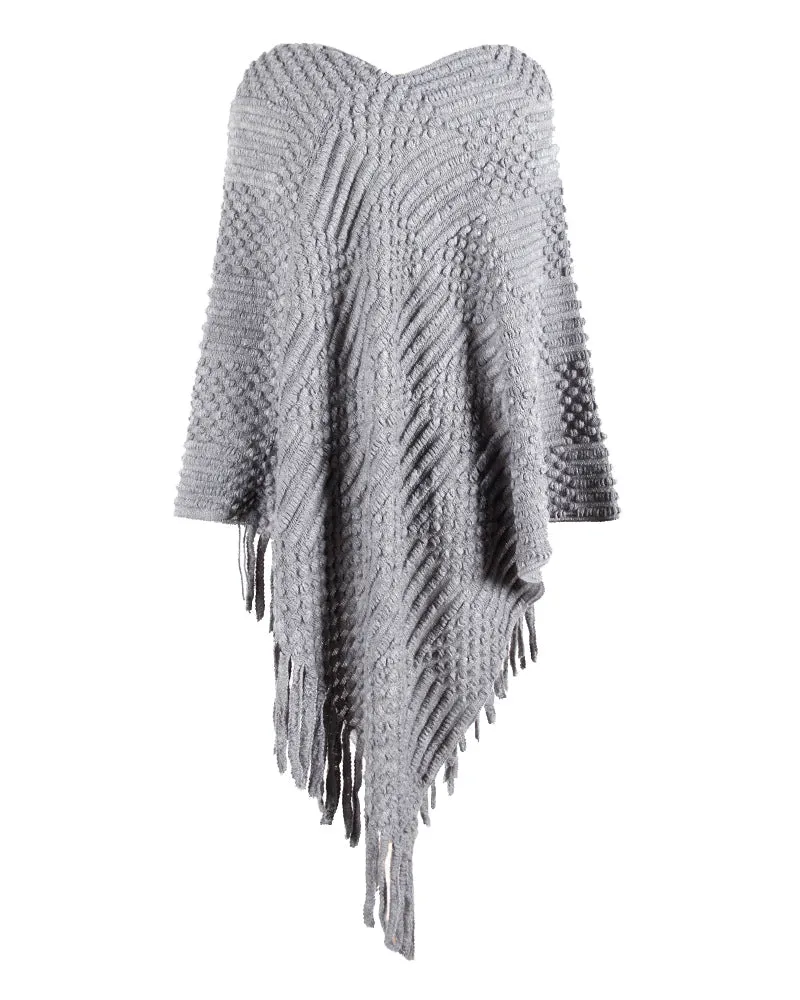 Haute Edition Women's Solid Fringed Sweater Poncho with Pom Poms. One size fits all (S-XL).