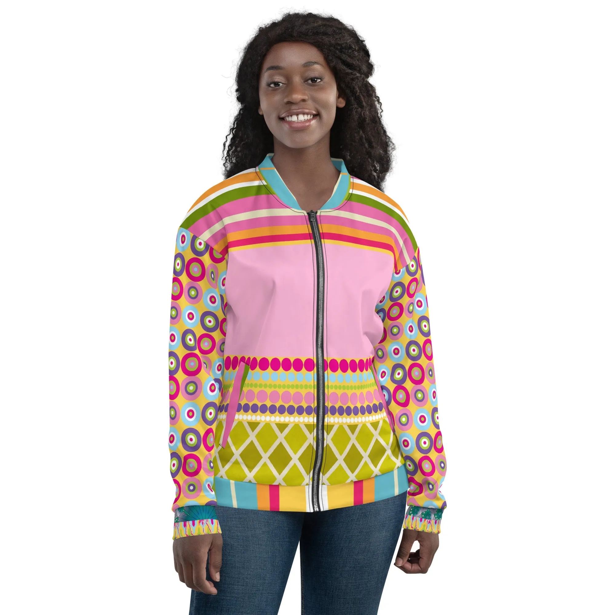 Hello Janis! Pink Patchwork Unisex Bomber Jacket