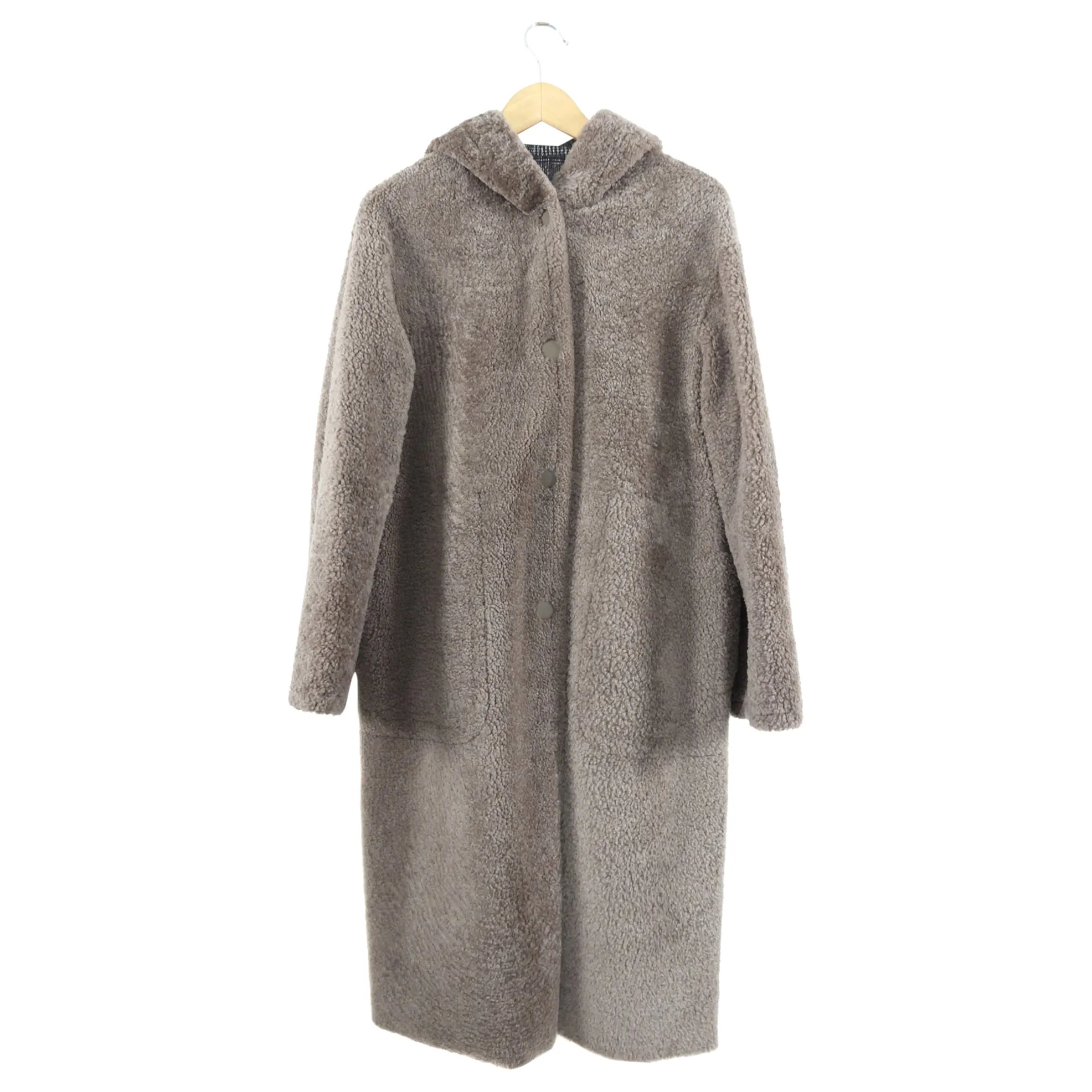 Taupe Shearling and Brown Houndstooth Reversible Hooded Coat - Size IT40/US S