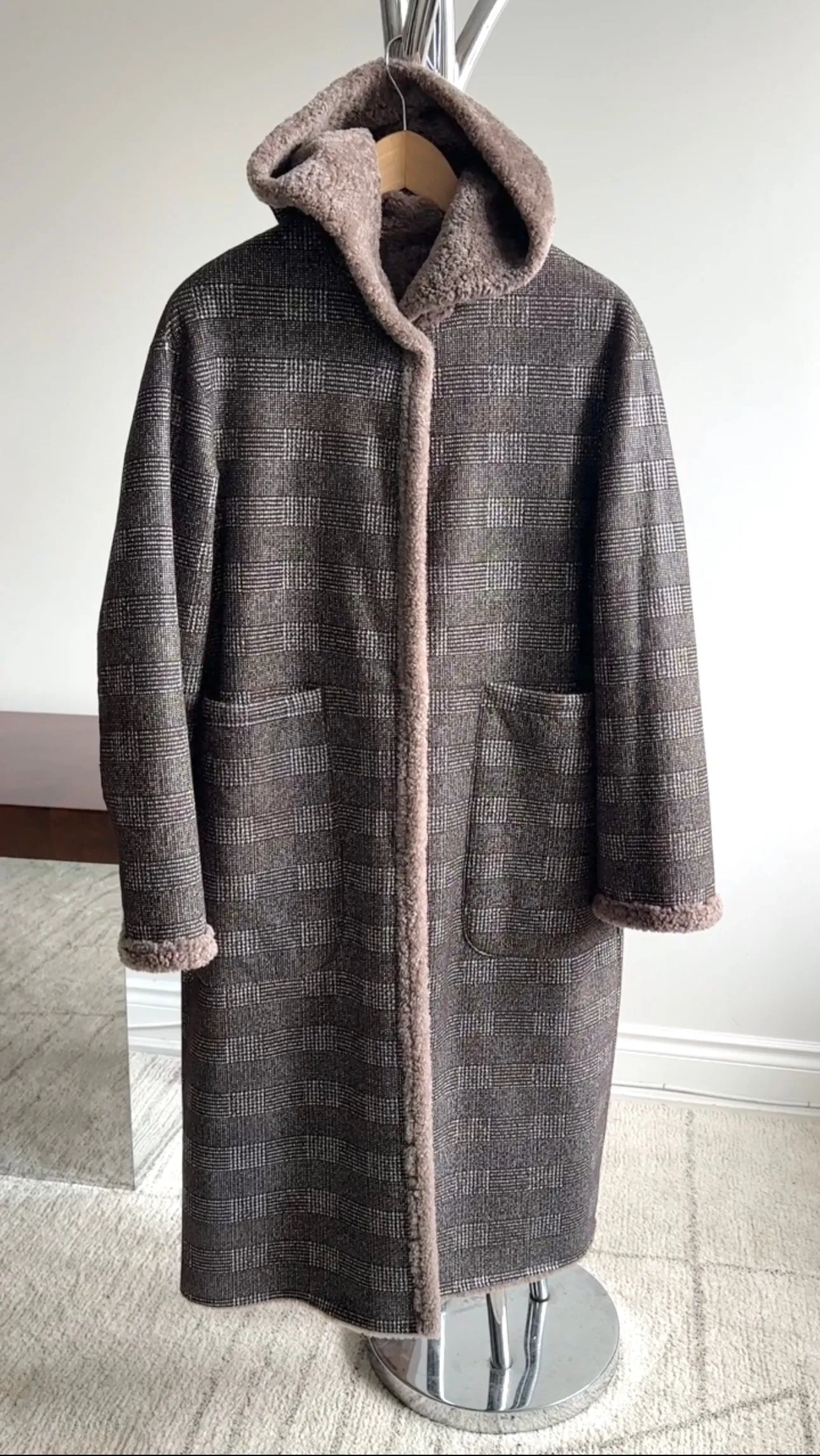 Taupe Shearling and Brown Houndstooth Reversible Hooded Coat - Size IT40/US S