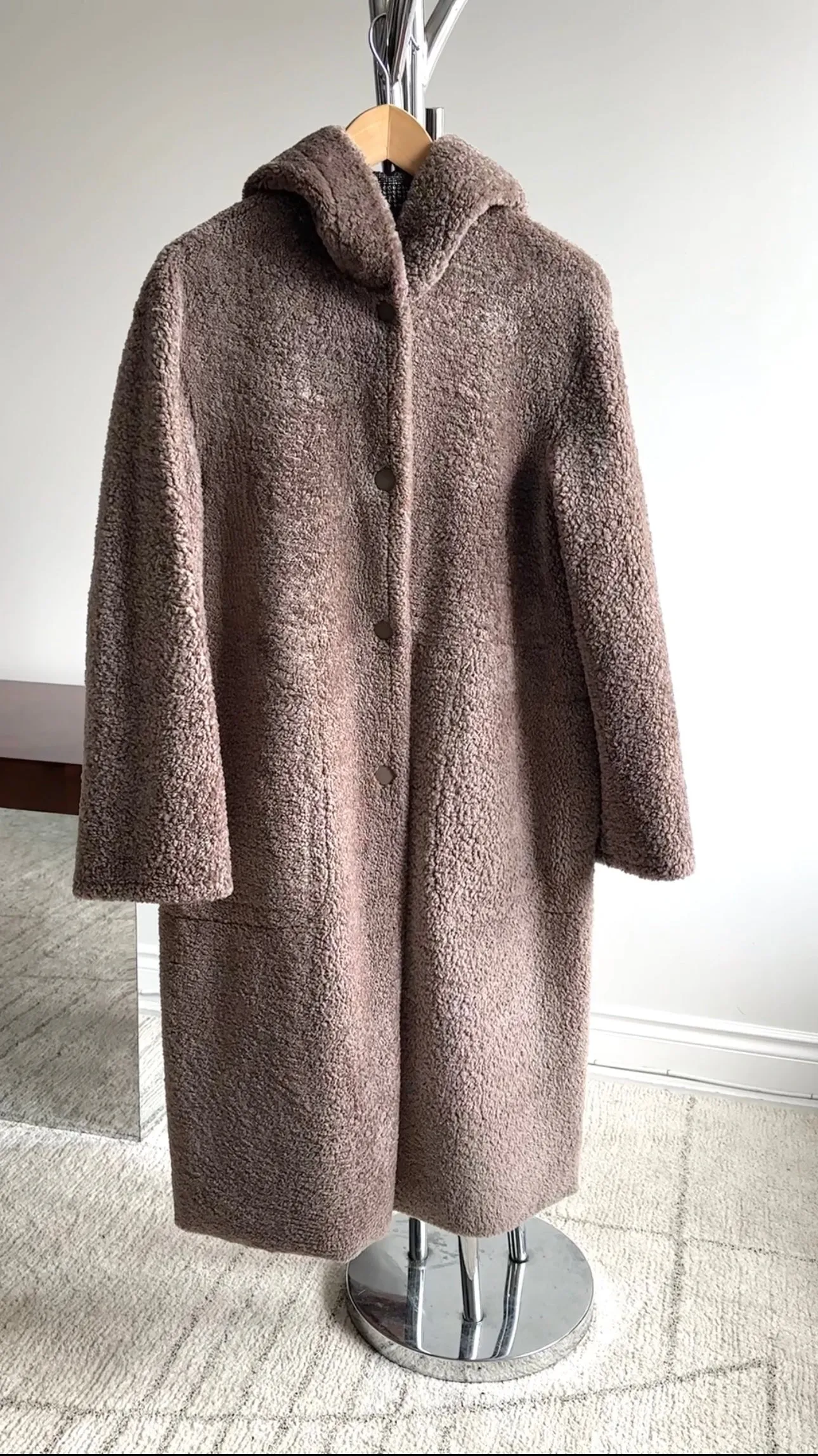 Taupe Shearling and Brown Houndstooth Reversible Hooded Coat - Size IT40/US S