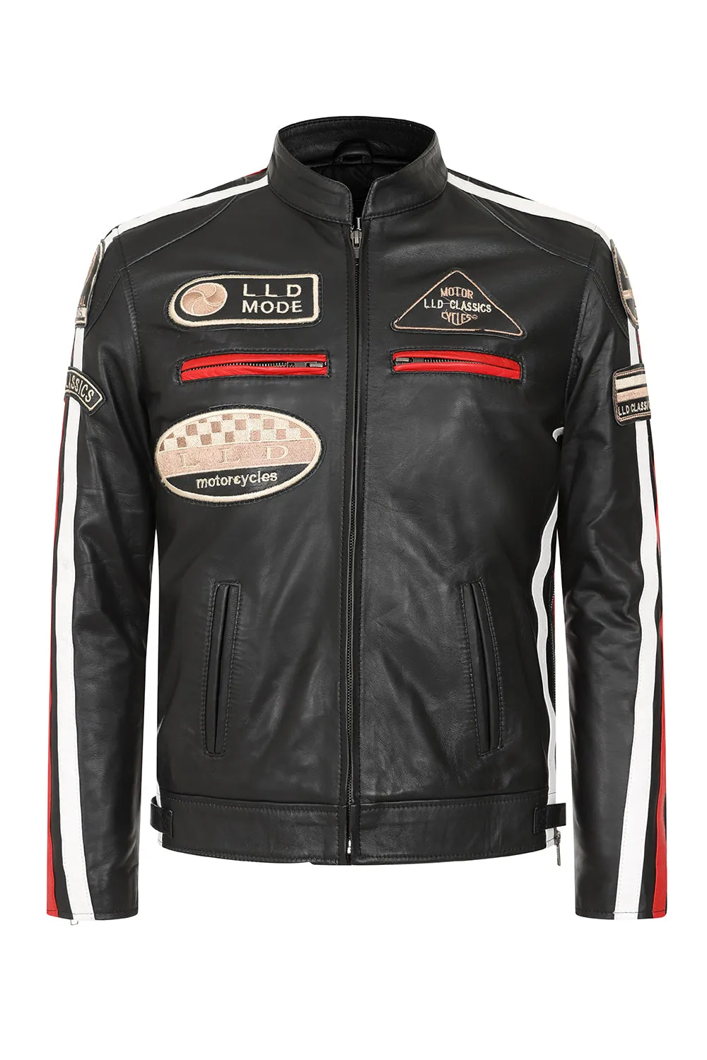 Men's Black Real Leather Racing Style Jacket with Stripes - 'FRANK'