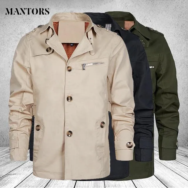 Men's Casual Coat Long Windbreaker Jacket Long Spring Military Jacket Coat Single-Breasted Notch Lapel Parka S4724390