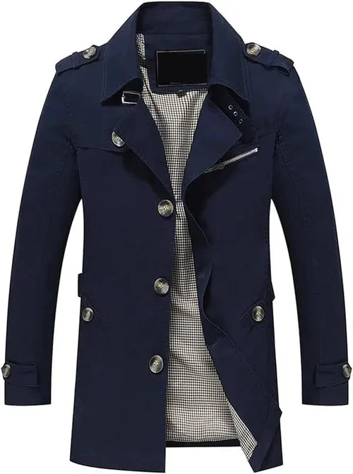 Men's Casual Coat Long Windbreaker Jacket Long Spring Military Jacket Coat Single-Breasted Notch Lapel Parka S4724390