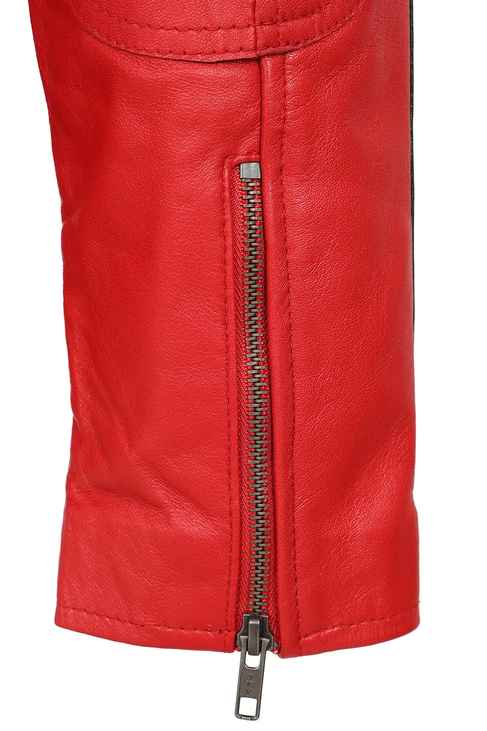 Men's Red Real Leather Racing Style Jacket with Stripes - 'FRANK'