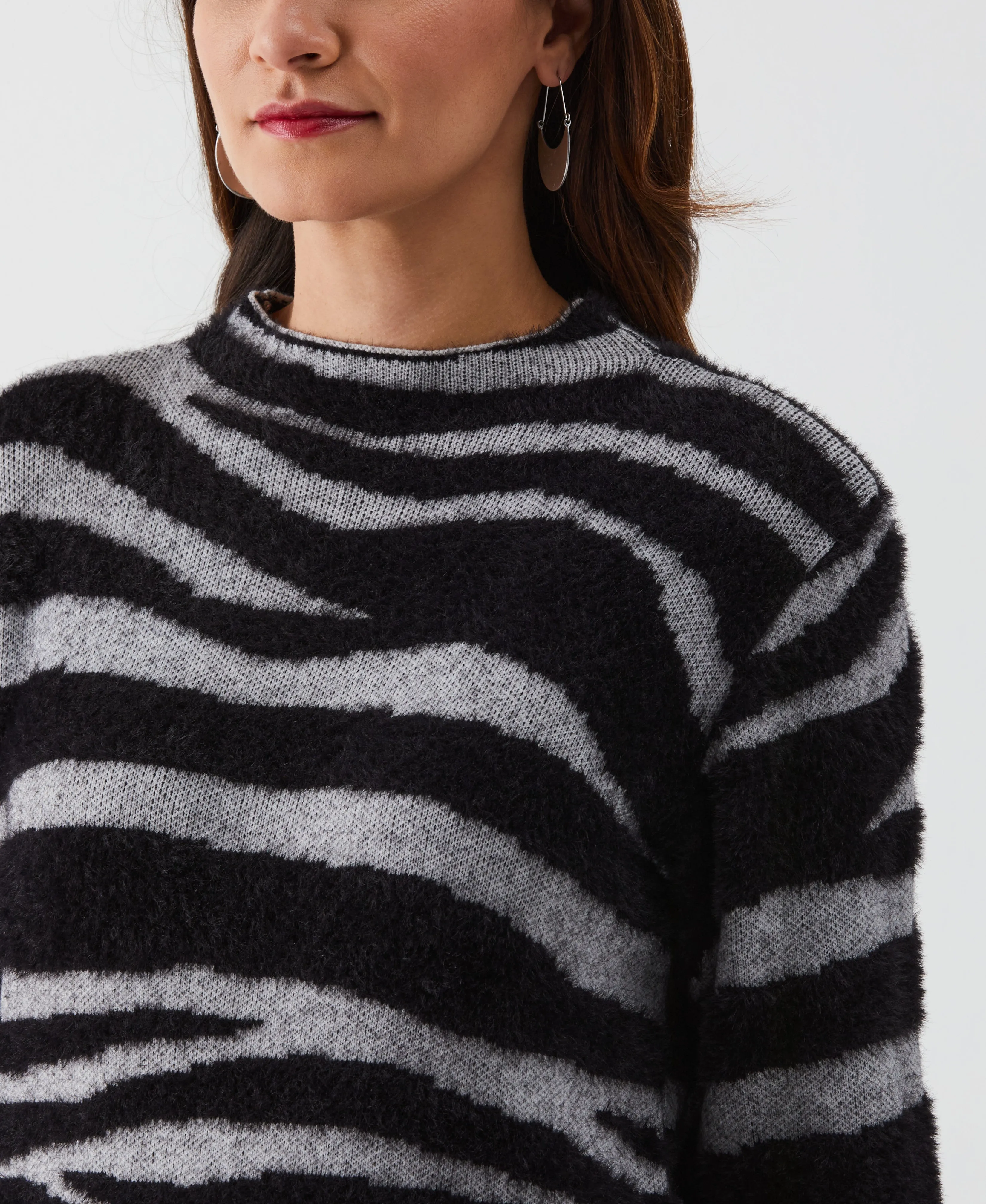 Petite Zebra Print Faux Hair Mock Neck Sweater