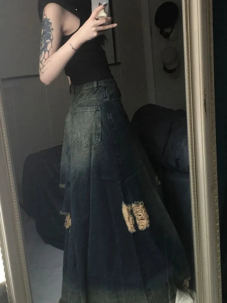 Ripped-Look Wide Long Jeans-Skirt