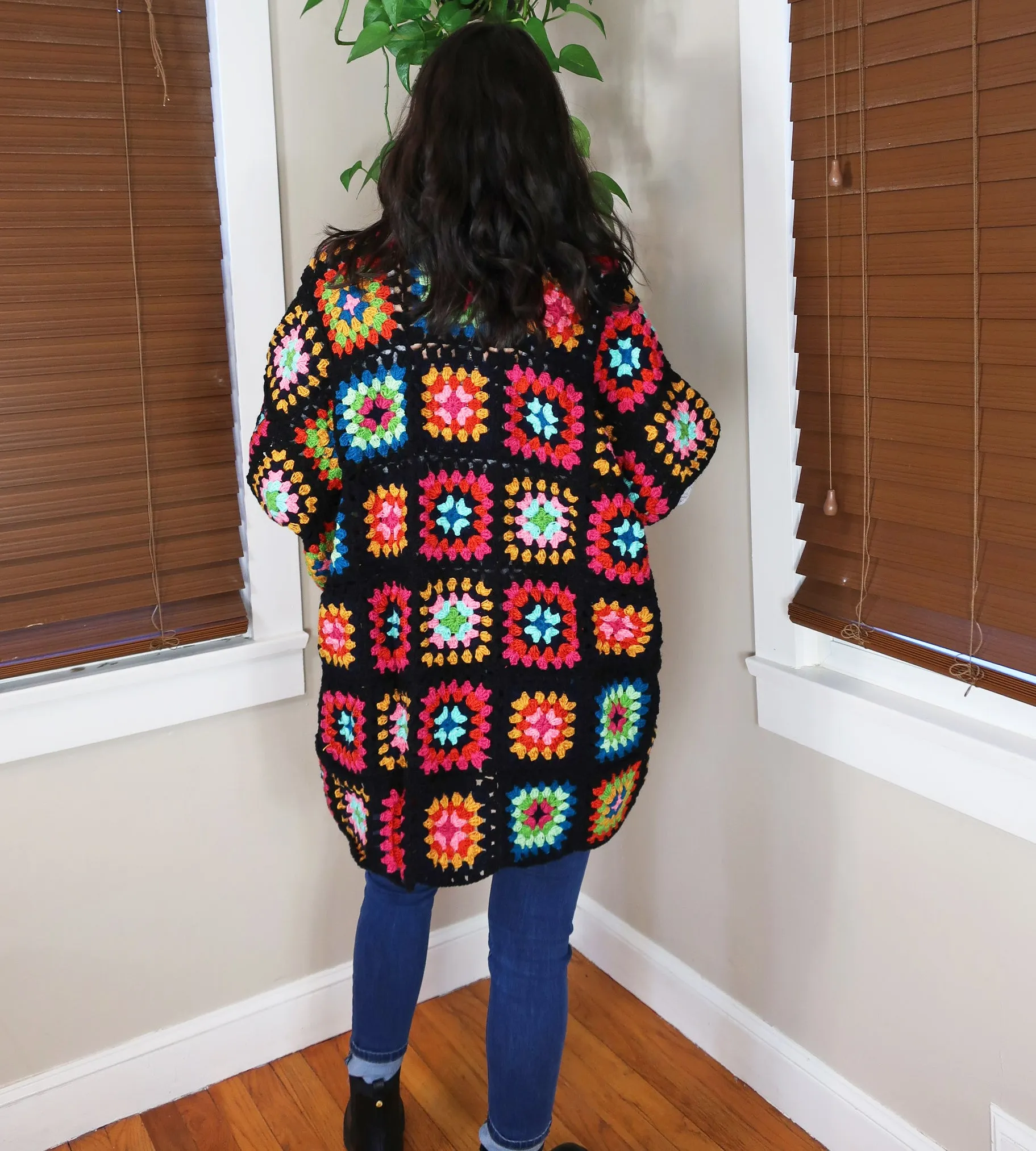 Saachi Noni Granny Square Crocheted Sweater in Black Multicolor