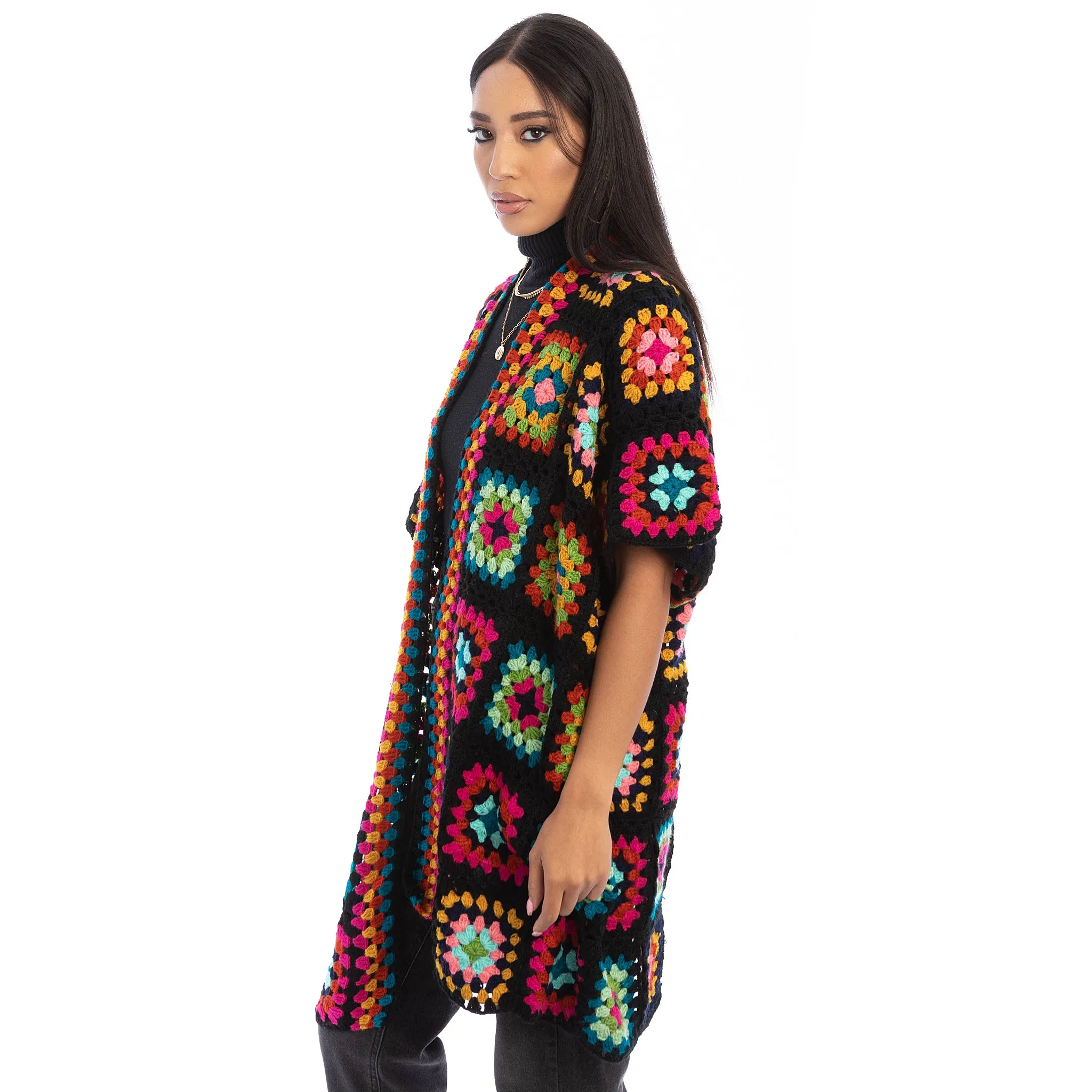 Saachi Noni Granny Square Crocheted Sweater in Black Multicolor