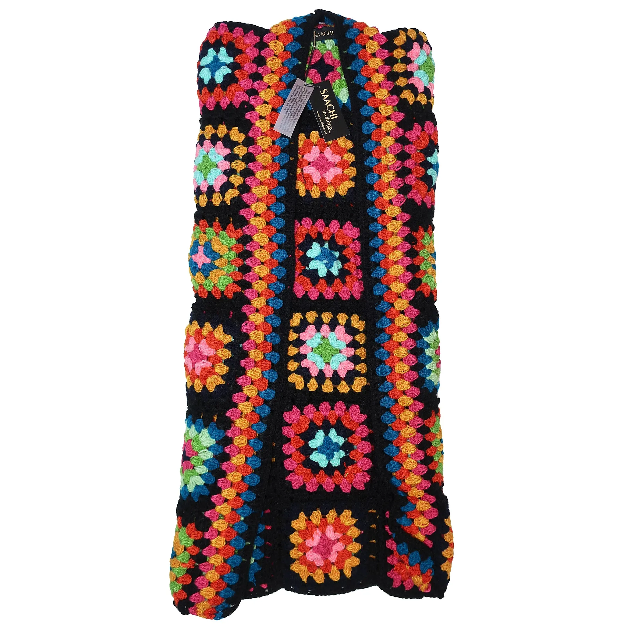 Saachi Noni Granny Square Crocheted Sweater in Black Multicolor