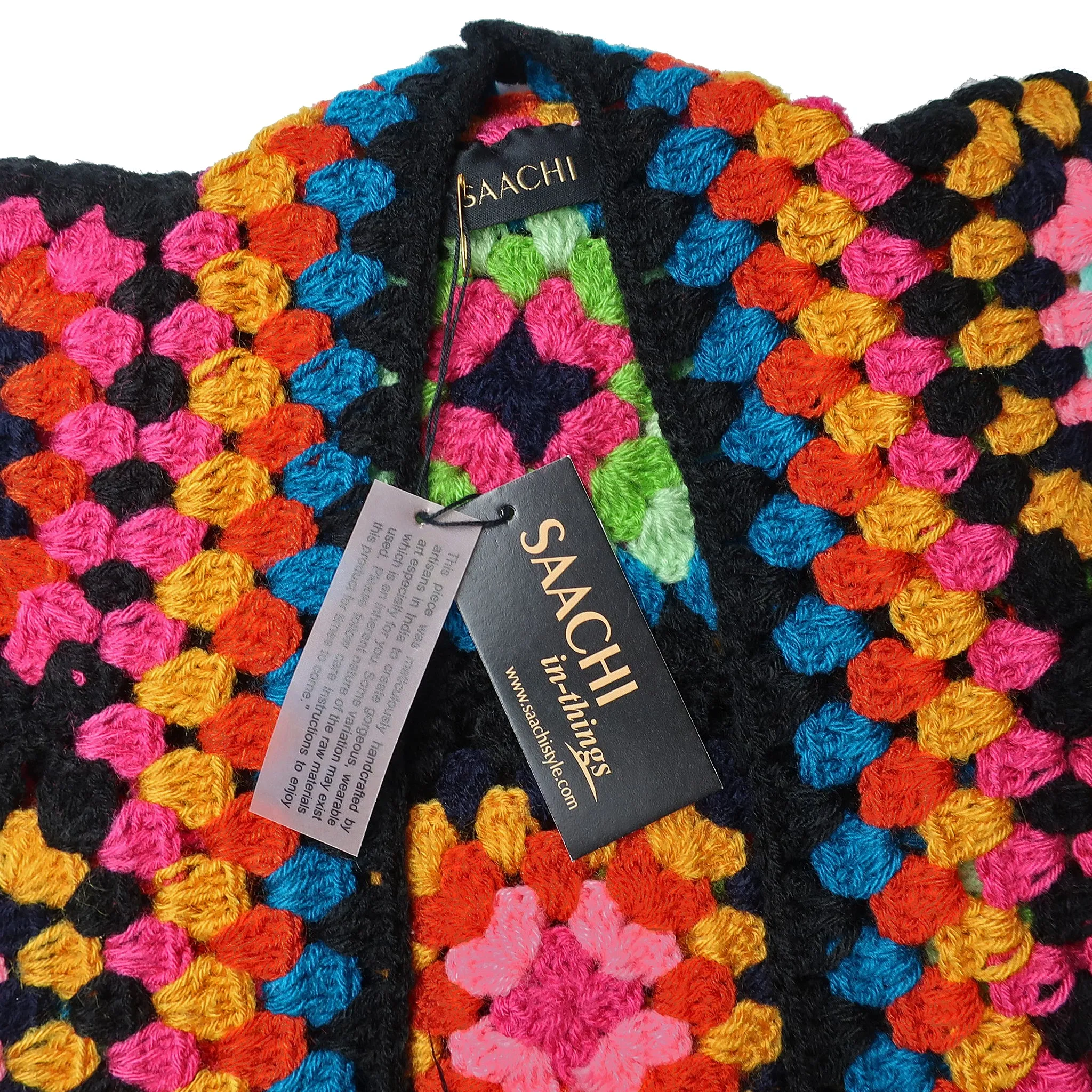 Saachi Noni Granny Square Crocheted Sweater in Black Multicolor