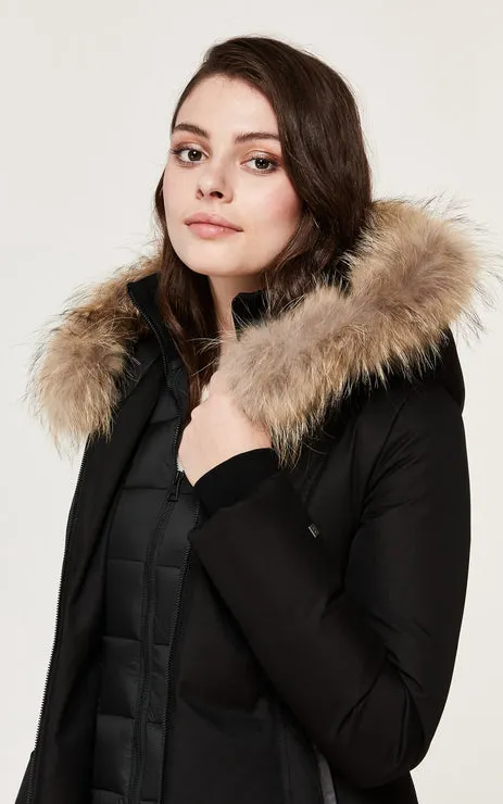 SOIA & KYO WOMENS CHRISTY BRUSHED DOWN COAT WITH NATURAL FUR BLACK