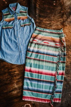 Vintage Southwest Denim Top and Serape Wrap Skirt Set